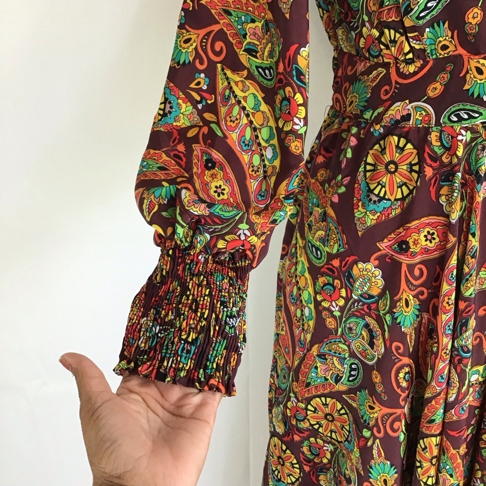 ME 2 MAGIC WOMEN FALL COLORFUL PAISLEY RUFFLE V-NECK LONG SLEEVE MAXI DRESS SZ S - Picture 8 of 10